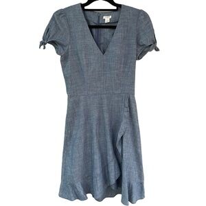 J. Crew Short Sleeve V-Neck Faux Wrap Ruffle Chambray Mini Dress Preppy - Sz 00